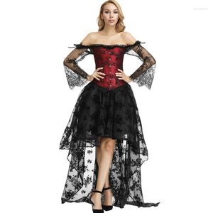 Bustiers Corsets Corset Dress Mujer Vintage Floral Lace Mangas largas y con falda Victorian Bridal Wedding Costume Red