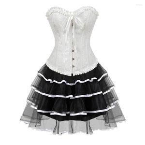 Bustiers Corsés Gótico Burlesque Overbust Corset Top y falda Conjunto Tallas grandes Vestidos victorianos Fiesta Jacquard Floral Moda Vestidos sexy