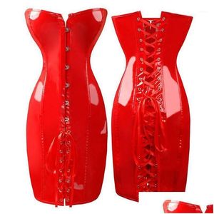 Bustiers corsets gothic womens sexy wetlook pvc fausse cuir robe corset long long black forme rouge mince tropbust latex chats dhamp