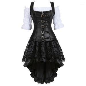 Bustiers Corsets Plus Size 6XL Steampunk Corset Dress para mujer Cuero de tres piezas con falda y camisa renacentista Disfraz de pirata gótico