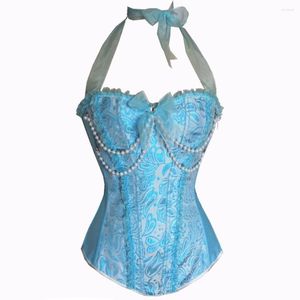 Bustiers Corsets Sexy Femmes Bleu Clair Halter Corset Taille Formateur Body Shapewear Perles Bustier Cincher Perle Corselet