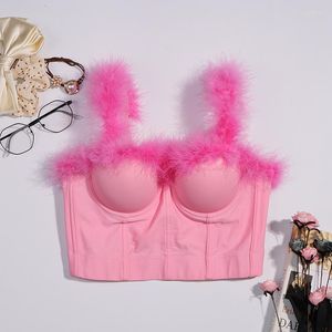 Bustiers Corsets T931 Été Spot Fluffy Rose Court Mignon Tube Top Gilet Plume Épaule Femmes Bustier Corset Fuzzy Cropped Débardeurs Sexy