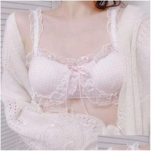 Bustiers Corsés Lencería para mujer Japonés Lindo Algodón Plaid Bralette Conjunto Ropa interior de encaje Mujeres Lolita Chica Adolescentes Alambre Delgado Sujetador Drop Dhnda