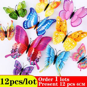 Pegatinas de mariposas para pared, decoración del hogar, pegatina de mariposa 3D de doble capa Multicolor, 12 unids/lote para decoración en la sala de estar