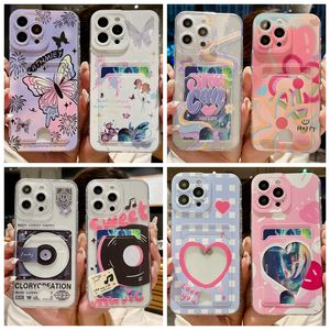 Étuis de poche pour cartes de fleurs papillon pour iPhone 15 14 Plus 13 Pro Max 12 11 X XR XS 8 7 6 Sac de fente pour carte d'identité Heart Love CD Star Airbag Anti-dérapant Anti-chute Soft TPU Housse antichoc