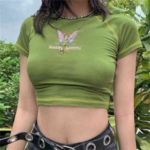 Butterfly Mujeres gráficas camisetas Carta de impresión Puntada Green Crop Tops Y2K verano grunge estilo O-cuello de manga corta camiseta 210623