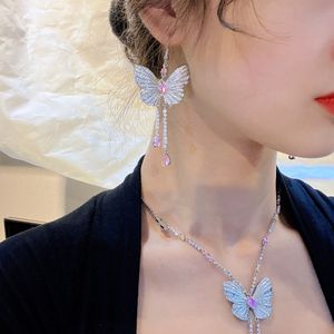 Conjunto de joyas de diamantes de laboratorio de mariposa, pendientes de plata de ley 925 para fiestas, bodas, gargantilla, collar para mujeres, joyas de piedras preciosas nupciales