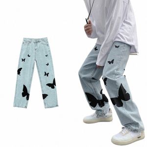 Pantalones vaqueros con estampado de mariposas para hombre, pantalones vaqueros holgados, pantalones de mezclilla informales, ropa de calle recta, pantalones Vintage u7aX #