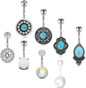 Bouton en acier chirurgical de synthèse opale bleu CZ Style Vintage, anneaux de nombril, Piercing de ventre pour femmes et filles