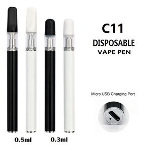 C11C Huile de stylo de vape jetable 0,3 ml 0,5 ml 280 mAh inférieur USB RECHARAGE Céramique Coil Press-in Tips Bud O stylos Pod Draw Draw Device