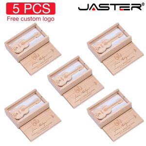 Câbles 5pcs / lot Logo personnalisé gratuit stylo de guitare en forme de conduite flash USB Boîte en bois mémoire Stick Pendrive 4g 16 Go 32 Go 64 Go 128 Go