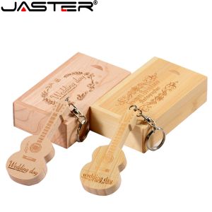 Câbles Jaster Wood Guitar USB Flash Drives 128 Go personnalisé gratuit Drive de stylo 64 Go en bois mémoire Stick Music Creative Wedding Gift 8g