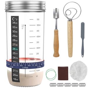 Outils de gâteau 9pcs Kit de pot de démarrage de levain 730ml Récipient résistant à la chaleur Thermomètre Réservoir de fermentation en verre Cuisson 231218