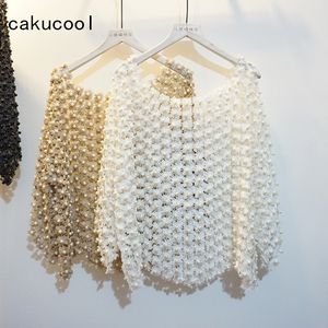 Cakucool, blusa de lujo con cuentas de perlas para mujer, encaje Floral Lurex dorado, camisa ahuecada, manga acampanada, blusa elegante, jersey para mujer T5190615