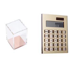 Calculateurs Organisateur de bureau de porte-stylo en acrylique en or jaune + kit de bureau de calculatrice d'énergie solaire