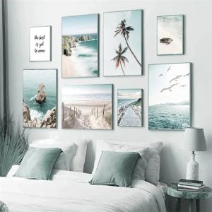Caligrafía personalizable Dolphin Palm Bridge lienzo azul arte de la pared pintura imagen decoración vacaciones de verano playa vista al mar cartel impresión