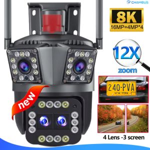 Cameras 16MP 8K WiFi IP Camera 10x Zoom 4k Outdoor Security Camera Surveillance Ai Track Four Lens Three Screen Mini Mini Street Camera 360 °