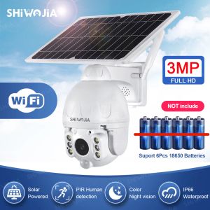 Caméras Shiwojia Solar Panel Camera WiFi Version PTZ 4X 3MP Sécurité extérieure Monitor sans fil étanche CCTV CCTV Smart Home Surveillance