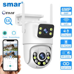 Caméras SMAR 6MP PTZ WiFi IP Camera Double Lens avec double écran Twoway Audio Tracking Security Security Outdoor CCTV Vedio Surveillance ICSE