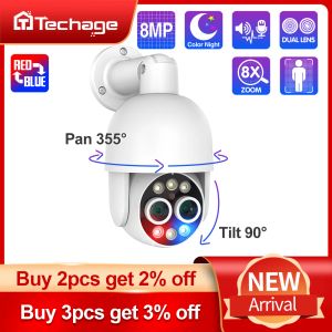 Caméras Techage Poe PTZ Camera Double Lens 8MP 8x Hybrid Zoom Humanoid Auto Tracking Colorful Night Vision for Security Surveillance Kit