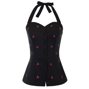 Camis BP-Tops con bordado de cerezas para mujer, Tops con cuello Halter y dobladillo Peplum, cremallera oculta en el lado izquierdo, dobladillo Peplum