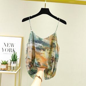 Camis Peinture à l'huile Spaghetti Sangle Soie Satin Imprimé Licou Gilet Femmes Conception Vcou Bas Ultra Usure Débardeur Lingerie D'été