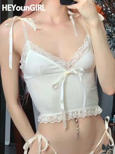 Camisoles Tanks HEYounGIRL Cute Lace Bandage Girls White Camisole Patchwork Bow Summer Sweet Women Sleeveless Crop Vest Sexy V Neck Streetwear 230510