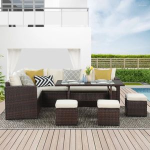 Muebles de campamento Sofá seccional convertible de mimbre marrón Conjunto de sofás blancos para sala de estar Patio Jardín al aire libre