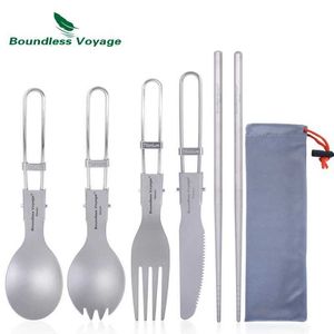 Camp Kitchen Boundless Voyage Camping Couverts pliants Cuillère en titane Spork Fourchette Couteau Baguettes Vaisselle de voyage en plein air Ensemble de couverts YQ240123