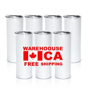 Canada USA Entrepôt 50 pcs/Carton 20 oz Mugs Blancs de sublimation Gobelet droit 20 oz en acier inoxydable à double paroi isolée Tasse à eau mince avec couvercle et paille
