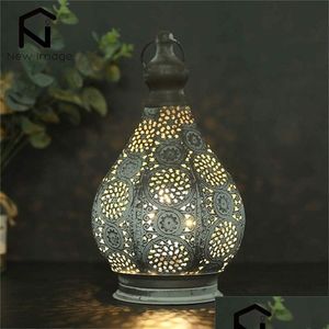Bougeoirs 11,5 pouces support de style marocain lanterne table en métal lampe alimentée par batterie avec Edison BB pour la décoration de jardin 220804 Dhm0C