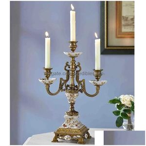 Candelabros de cerámica de mesa grande de lujo moderno con candelabro de latón, soporte de patrón de flores artesanal para decoración del hogar, entrega directa G Dh6B7