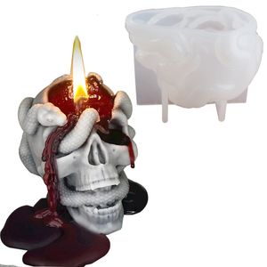 Velas 3D Esqueleto Cabeça Silicone Molde Duplo Cobra Crânio Halloween Horror Decoração Vela Molde Cera Gesso Cimento Resina Moldes para Artesanato 230608