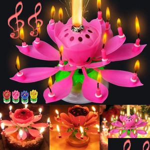 Cougies Romantic Musical Candle Lotus Flower Happy Birthday Art Lights For DIY Cake Decoration Kids Gift Party Drop Livrot Dhtaz