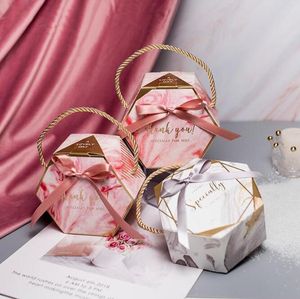 Boîte à bonbons créative rose gris marbre texture emballage cadeau boîtes en papier octogonales avec rubans bonbons portables sacs présents poignées paquet de fête de mariage 10 pièces WMQ1092