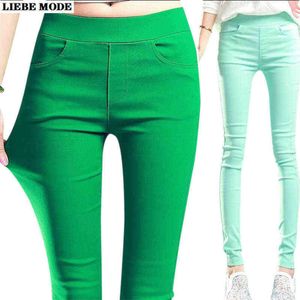 Pantalones de lápiz de estiramiento de mujer de color caramelo para mujeres Elástico de cintura alta Leggins flacos Femme Verde Rosa Blanco Gris Púrpura Leggings 211124