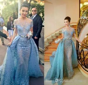 Cannes Film Zuhair Murad Vestidos de noche con tren desmontable Sheer Neck Mermaid Celebrity Dress Alfombra roja Manga corta Vestidos de baile personalizados