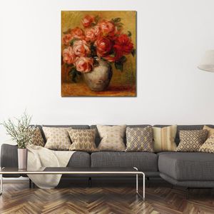 Lienzo pintado a mano, pinturas al óleo de Pierre Auguste Renoir, naturaleza muerta con rosas, paisaje de jardín, obra de arte para decoración de restaurante