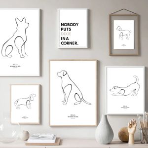 Peinture sur toile ligne abstraite animal mignon chien chat affiches et impressions nordique personnalisé nom date mur art maison salon chambre décor photos sans cadre Wo6