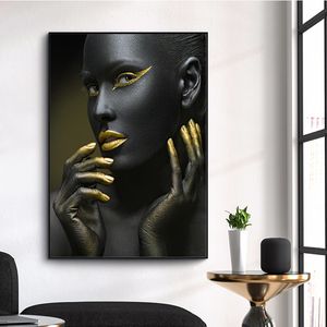 Lienzo pintura negro oro africano mujer retrato impresión cartel pared arte cuadros para sala de estar decoración del hogar sin marco