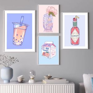 Lienzo pintura dibujos animados bebida leche melocotón jugo cerveza pared arte nórdico Anime carteles e impresiones imágenes para cocina Bar decoración sin marco Wo6