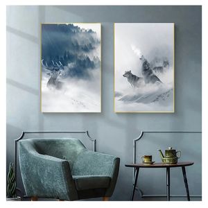 Lienzo pintura bosque nieve montaña Cuadros modulares para sala de estar hogar Cuadros decoración Animal nórdico póster Lobo alce Woo