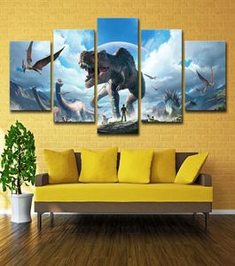 Pintura en lienzo para decoración del hogar, marco de arte de pared, 5 piezas, imágenes de dinosaurios de Parque Jurásico para sala de estar, impresiones en HD, póster de animales8936601
