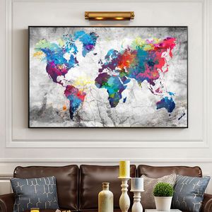 Pintura en lienzo, pósteres e impresiones de mapa del mundo coloridos modernos, cuadro de arte de pared para sala de estar, Cuadros de decoración Vintage para el hogar