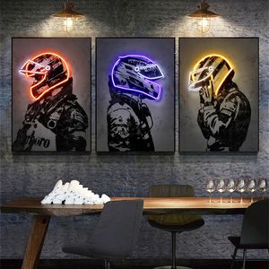 Toile peinture néon lumière mode effet casque de moto affiche impression Graffiti Art mur photo pour Bar garçons chambre décor à la maison pas de cadre Wo6