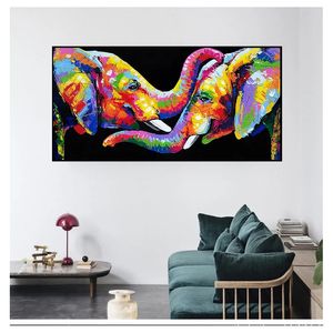 Pinturas en lienzo, pósteres e impresiones artísticos para pared, cuadros de elefantes de pareja para decoración para sala de estar, animales abstractos, elefante colorido Wooo
