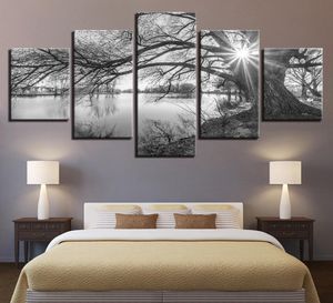 Images sur toile pour salon, cadre d'affiche d'art mural, 5 pièces, peintures de grands arbres au bord du lac, paysage noir et blanc, décoration de maison 2052049