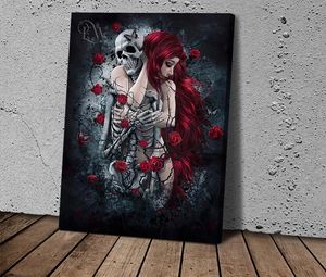 Toile imprimée, peinture artistique murale, tableau artistique gothique, femme aux cheveux rouges avec squelette de crâne, pour salon, décoration de la maison, 7065686