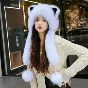 Cap 100% Real Fox Fur Hats Russian Ushanka Trapper Snow Ski Earflap Caps Winte Raccoon Fur Bomabe Hat 231225