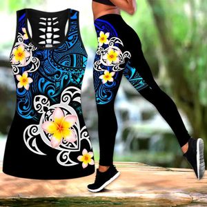 Capris moda mujer Legging tatuaje polinesio tortuga flores 3d sobre estampado Legging camiseta sin mangas Sexy elástico Mujer Leggings ajustados